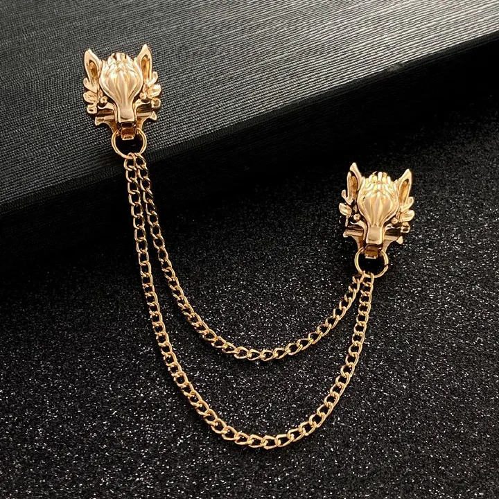 Classic Dragon Head Chain Brooches for Men Vintage Tassel Banquet Brooch Badges Pin Corsage Shirt Suit Collar Lapel Pins