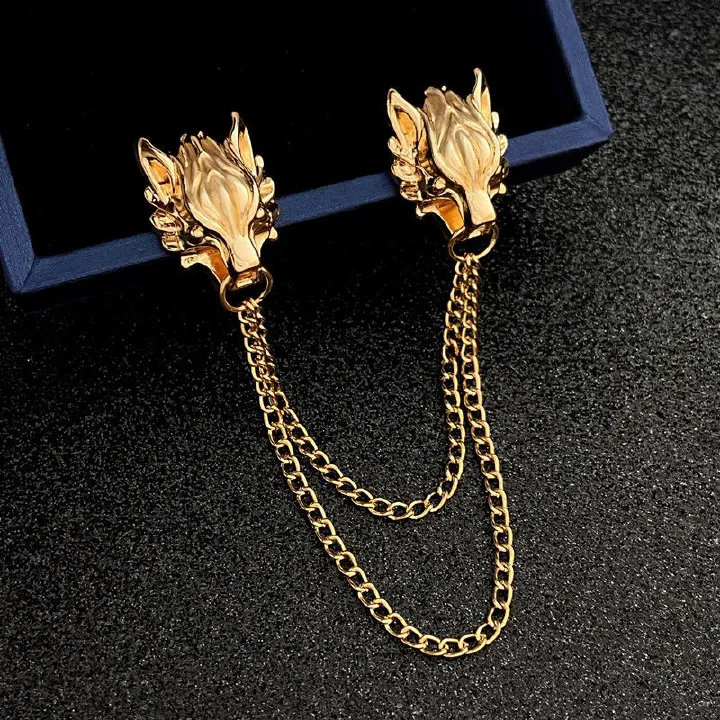 Classic Dragon Head Chain Brooches for Men Vintage Tassel Banquet Brooch Badges Pin Corsage Shirt Suit Collar Lapel Pins