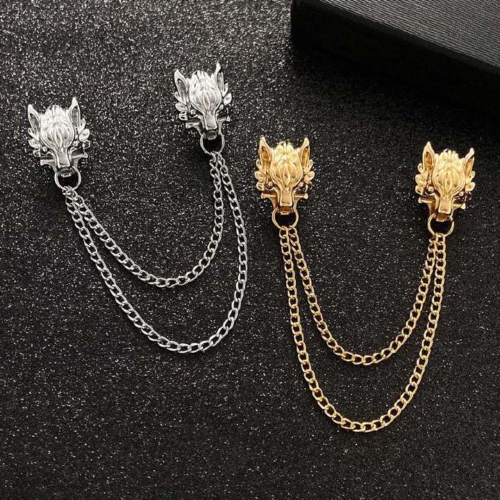 Classic Dragon Head Chain Brooches for Men Vintage Tassel Banquet Brooch Badges Pin Corsage Shirt Suit Collar Lapel Pins