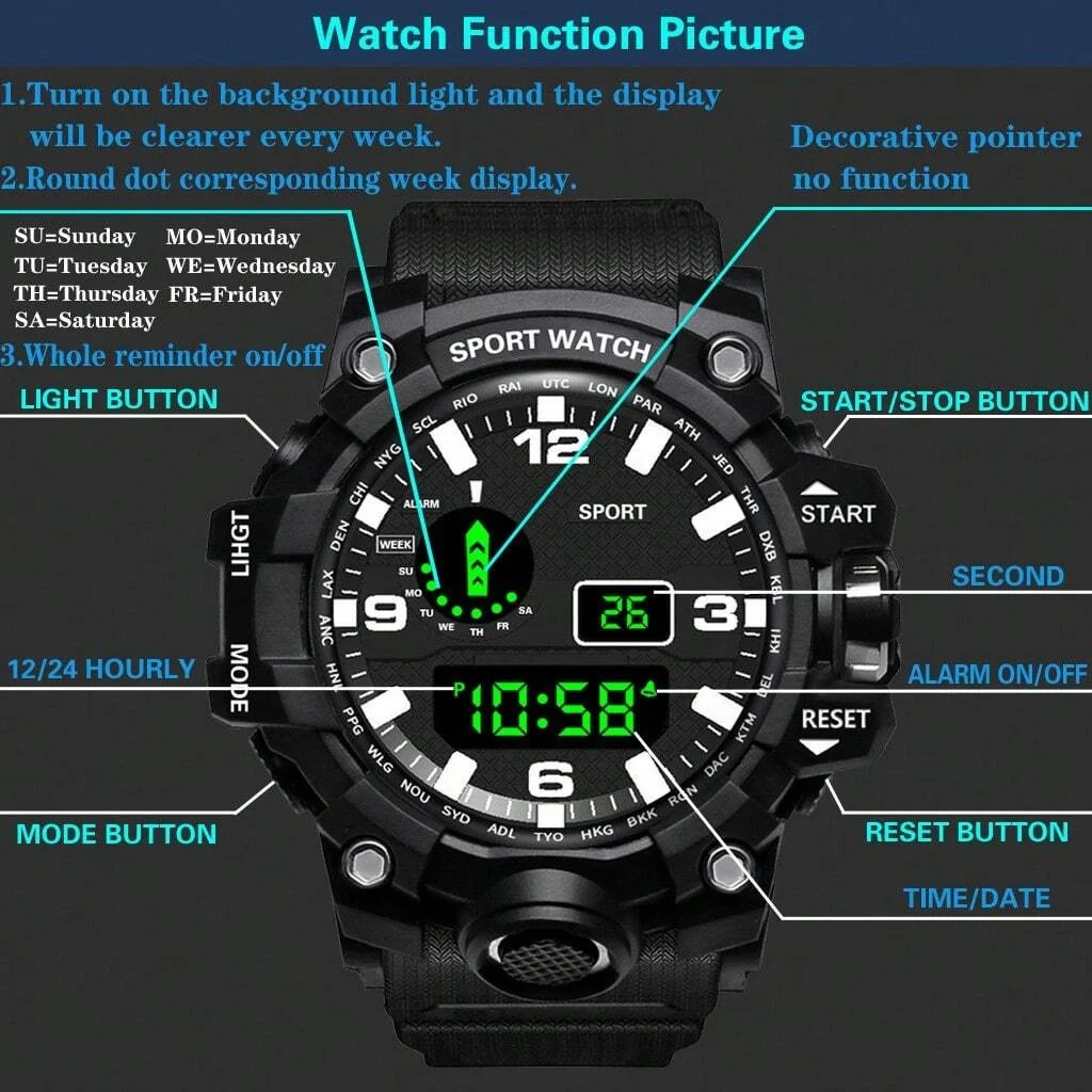 Men's LED Digital Sports Watch Chronograph Business Fitness Electronic Multifunction Gift Silicone Band Crystal