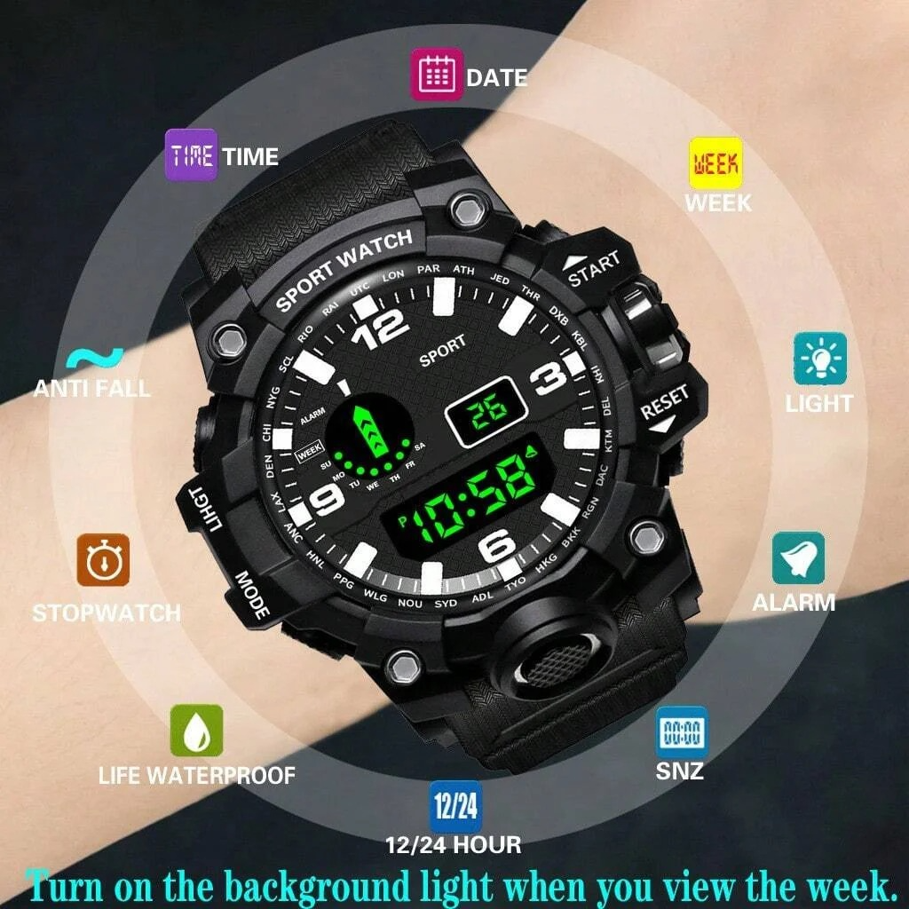 Men's LED Digital Sports Watch Chronograph Business Fitness Electronic Multifunction Gift Silicone Band Crystal
