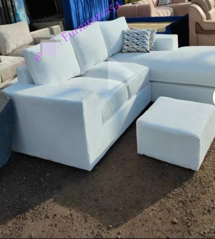 5 Seater L-Shaped Bubble Fabric Sofa with Puff