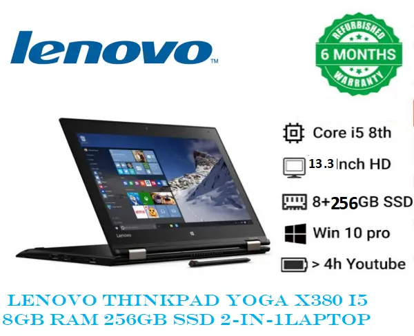 {With Stylus Pen } Touchscreen Rerurbished laptop Lenovo Thinkpad Yoga X380 2-in-1 Laptop Intel Core i5-8th Gen 8GB Ram 256GB SSD Lenovo Refurbished Laptop