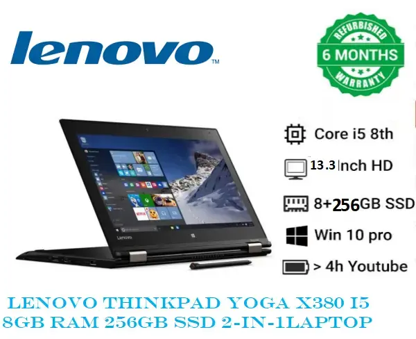 {With Stylus Pen } Touchscreen Rerurbished laptop Lenovo Thinkpad Yoga X380 2-in-1 Laptop Intel Core i5-8th Gen 8GB Ram 256GB SSD Lenovo Refurbished Laptop