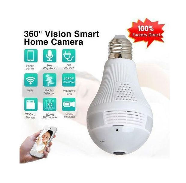Panorama 360 Degree Panoramic 1080P Hidden Camera Light Bulb Wifi FishEye CCTV Security