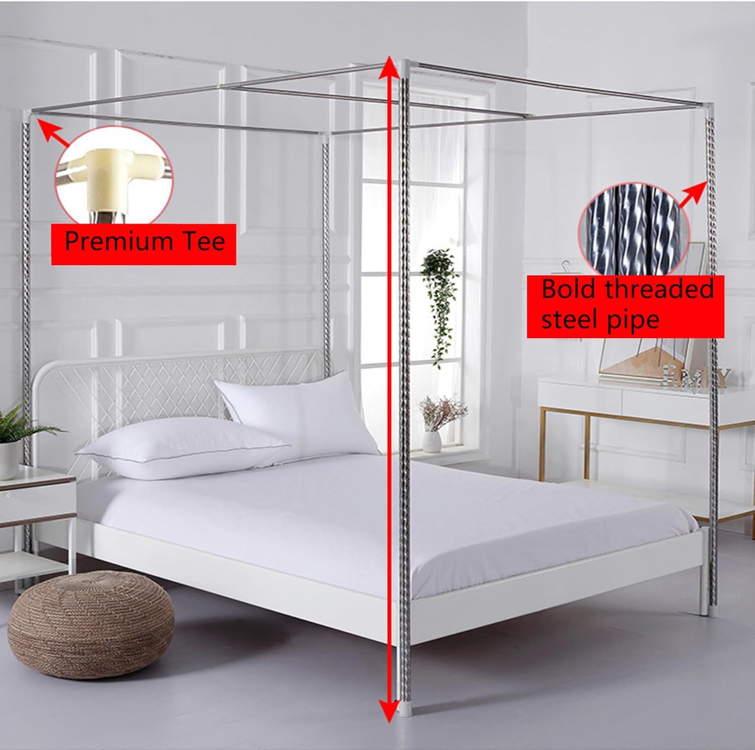 Mosquito Net Bracket 4 Corners Bed Post, Stainless Steel Bed Canopy Frame, Thicken Spiral Pattern Bed Stand, Easy to Install, with Curtain
