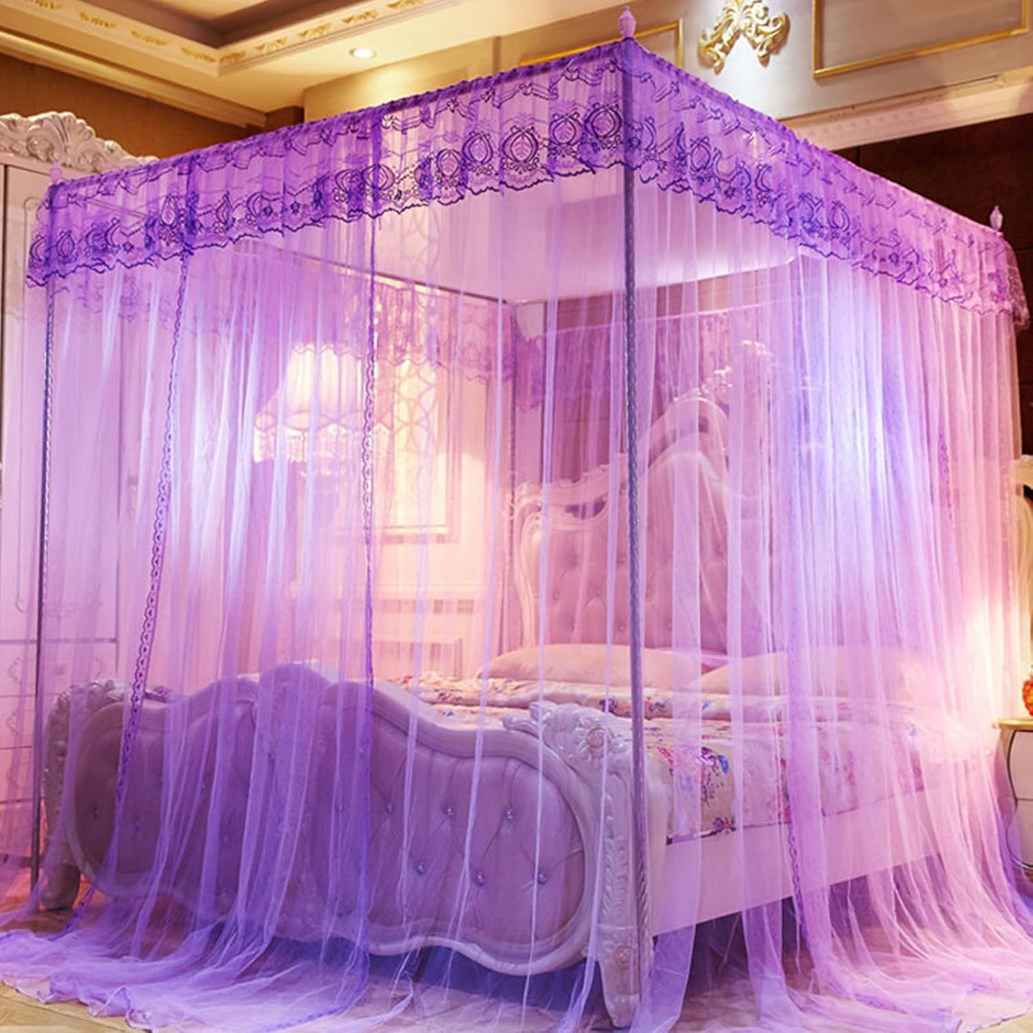 Mosquito Net Bracket 4 Corners Bed Post, Stainless Steel Bed Canopy Frame, Thicken Spiral Pattern Bed Stand, Easy to Install, with Curtain