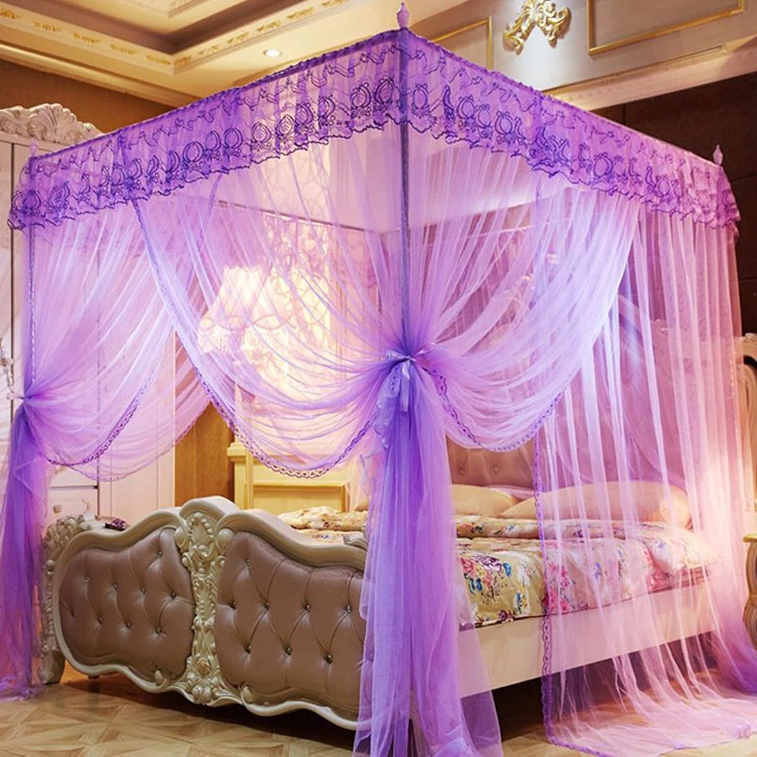 Mosquito Net Bracket 4 Corners Bed Post, Stainless Steel Bed Canopy Frame, Thicken Spiral Pattern Bed Stand, Easy to Install, with Curtain