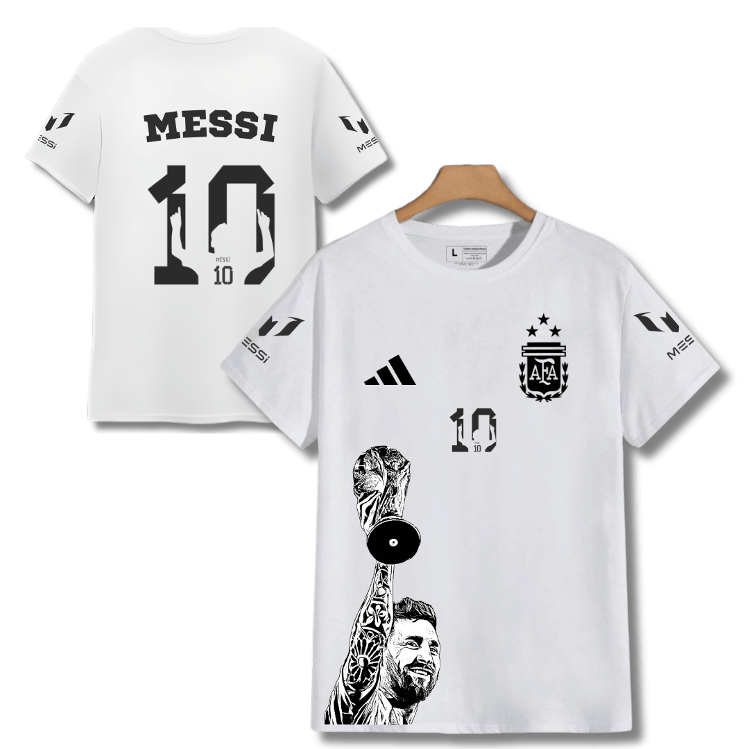 Messi 10 Argentina Worldcup Champion White Custom T-Shirt by Custom Jerseys Store Kenya. Messi Custom T-shirt Jersey