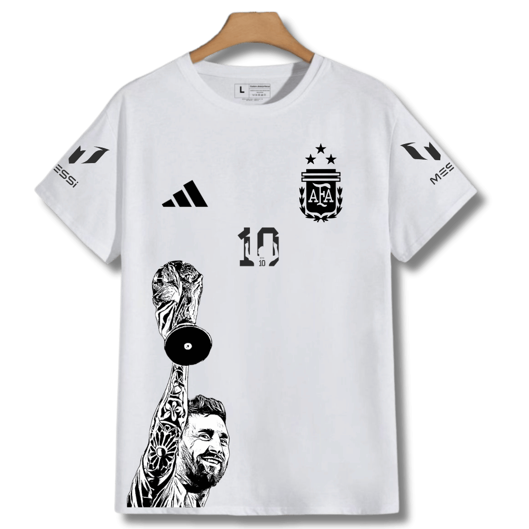 Messi 10 Argentina Worldcup Champion White Custom T-Shirt by Custom Jerseys Store Kenya. Messi Custom T-shirt Jersey