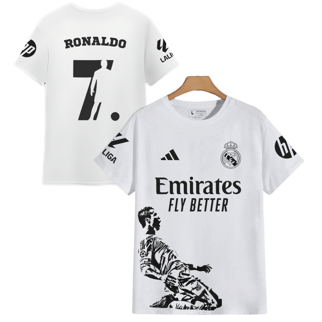 Cristiano Ronaldo x Real Madrid Custom Jersey T-shirt by Custom Jerseys Kenya. Custom CR7 white cotton t-shirt jerseys