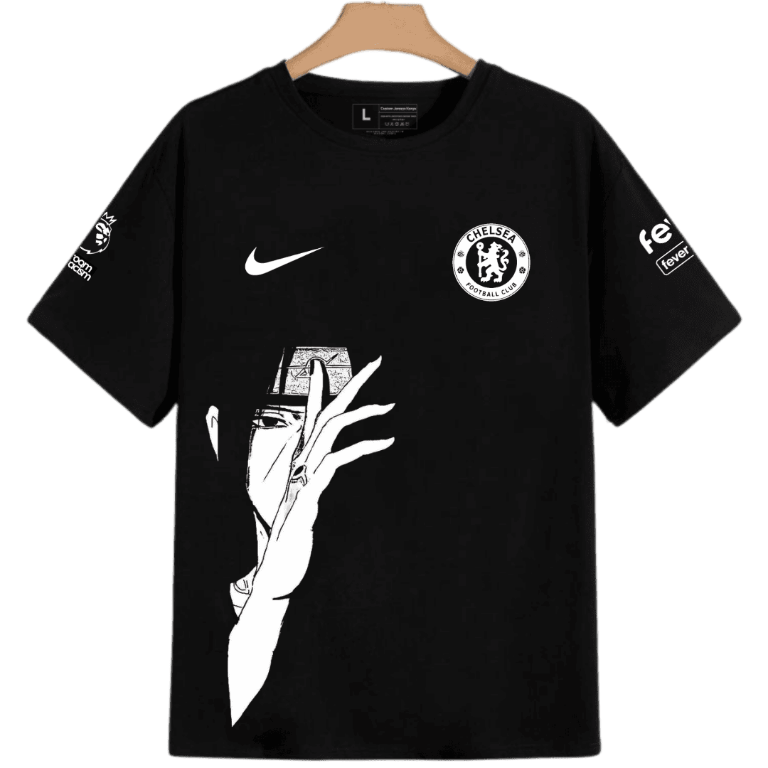 Chelsea x Itachi Uchiha Silent Crow Custom Naruto Black with white prints Anime Jersey.