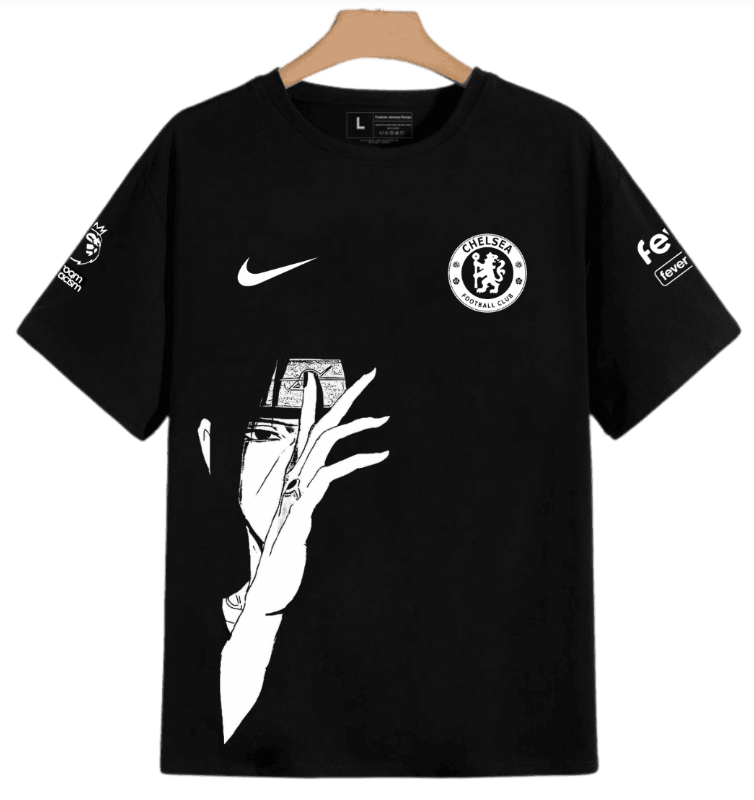 Chelsea x Itachi Uchiha Silent Crow Custom Naruto Black with white prints Anime Jersey.