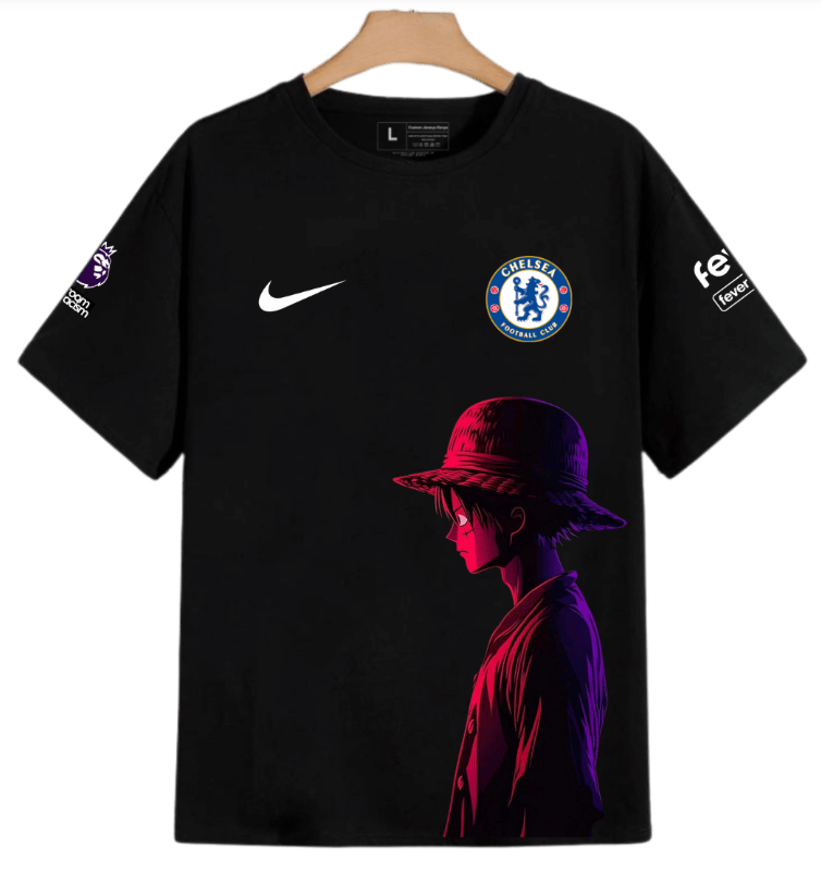 Chelsea x Luffy The Pirate King Custom One Piece Anime Black Cotton Jersey. Anime T-Shirt
