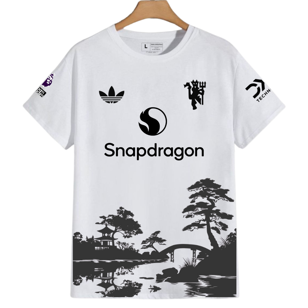 Manchester United Serenity Garden White Japanese inspired Retro Cotton Jersey T-shirt. man Utd White Jersey