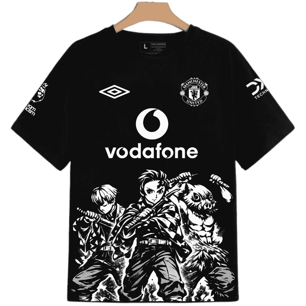 Custom Manchester United Demon Slayer Jersey - Vodafone Umbro Black Anime Football Shirt - Tanjiro, Inosuke, Zenitsu T-shirt