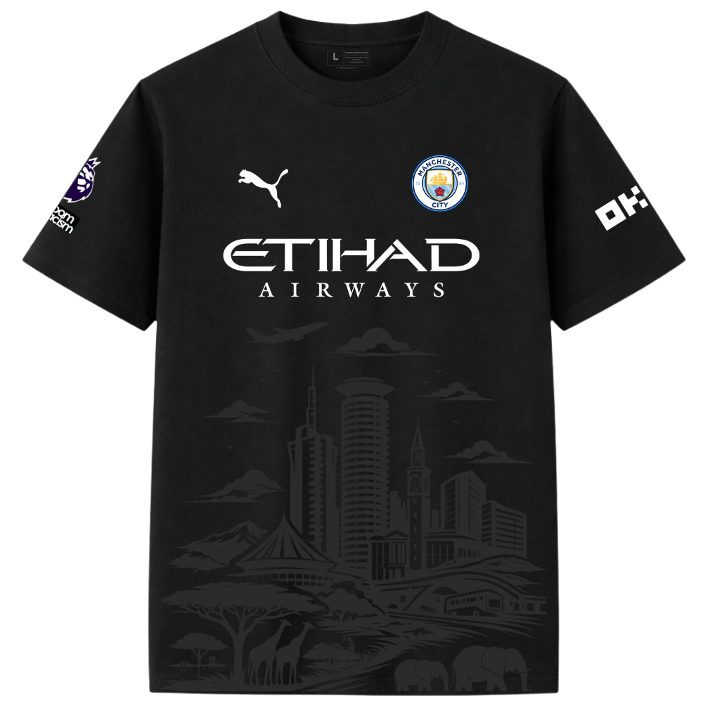 Manchester City Black Nairobi Skyline T-Shirt – Premium Cotton Custom Jersey | Custom Jerseys Kenya | 800GSM heavy tee