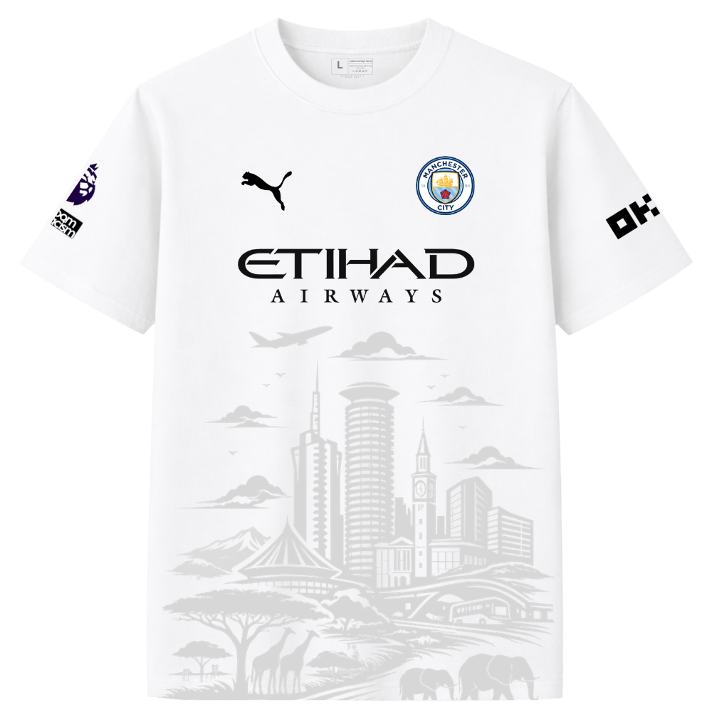 Manchester City Nairobi Skyline T-Shirt – White Premium Cotton Custom Jersey | Heavy Cotton, Polyester 800GSM Tee