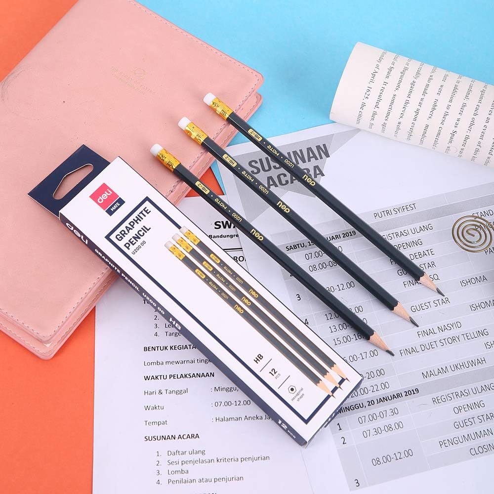 deli EU20000 Graphite Pencil With Non Toxic Pvc Free Eraser 12-Pieces, black