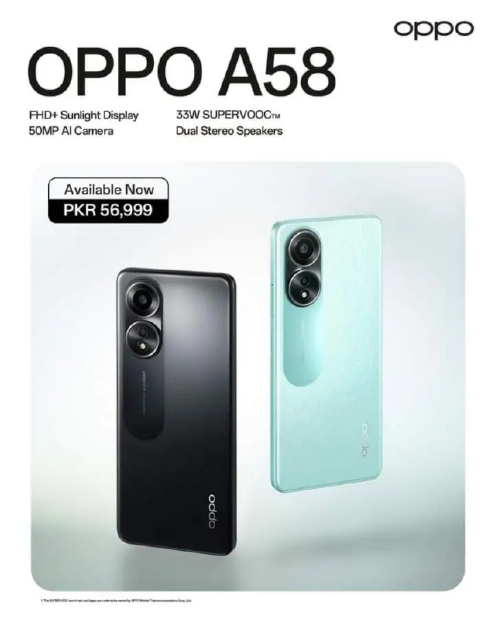 Oppo A58 🚨🔥

• RAM: 6GB, 8GB

• Storage: 128GB

• Battery: 5000 mAh, 33W

• Main Camera: 50MP + 2MP

• Selfie: 8MP

• Display: 6.56 inch, IPS LCD

• Processor: Mediatek G85

• Connectivity: Dual sim