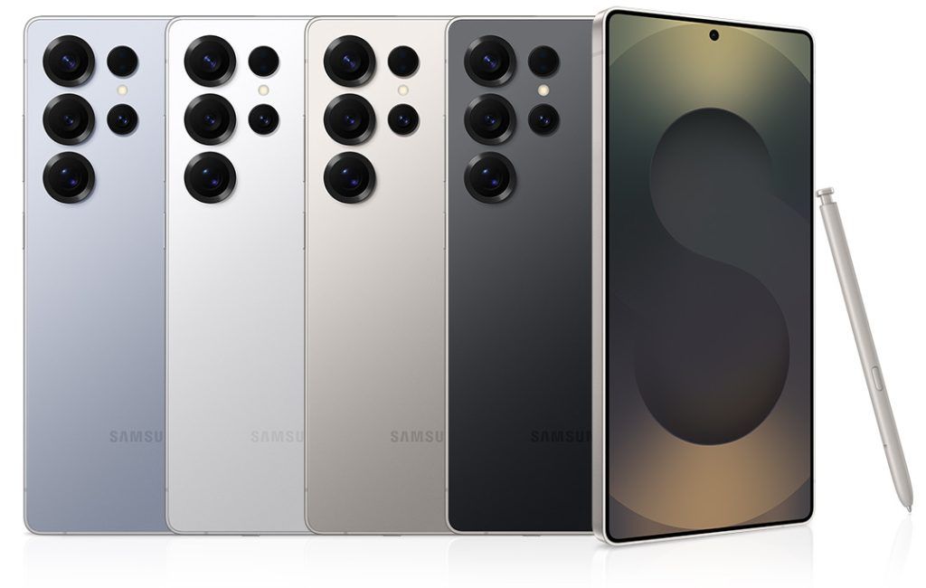 Samsung Galaxy S25 Ultra a 6.9″ QHD+ Dynamic AMOLED 2X 1–120Hz display, a pro quad camera with 200MP wide + 50MP ultrawide + 50MP 5× periscope + 10MP 3× telephoto, and a 12MP selfie.
