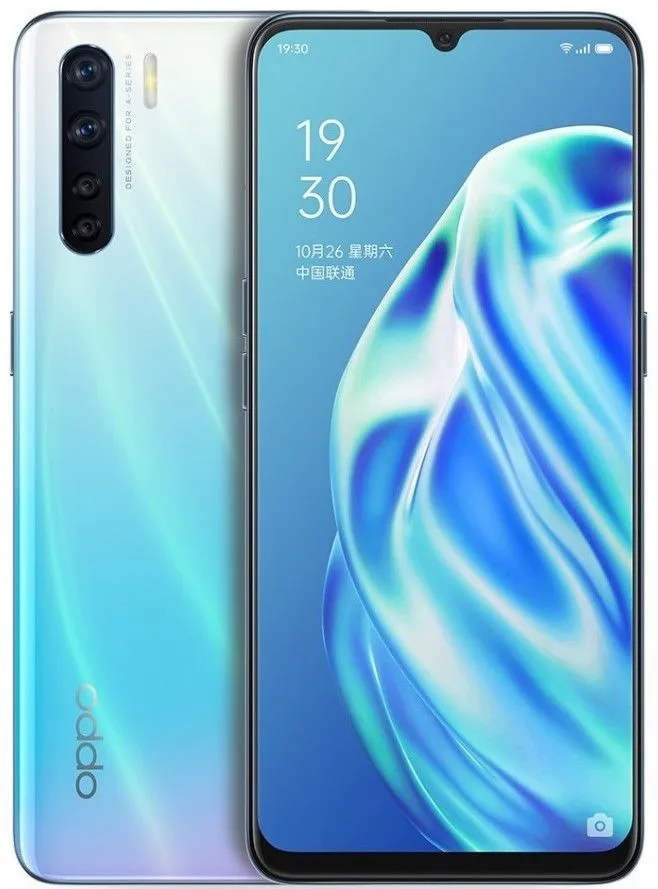 EX -UK Oppo F15  featuring a 6.4-inch AMOLED screen, MediaTek Helio P70 chip, 8GB RAM, 128GB storage, and 48MP quad-camera system with an in-display fingerprint sensor, known for its design