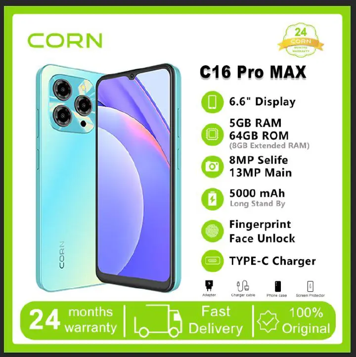 LIMITED TIME DEALS!!!!  BRAND NEW CORN C16 PRO MAX 6.6" STORAGE ROM 64GB RAM 5GB STRONG BATTERY 5000 mAh DOUBLE SIM CARD SMART PHONE ON OFFER FINGERPRINT FACE Corn C16 Pro Max 64GB+5(2+3Extended ) Ram