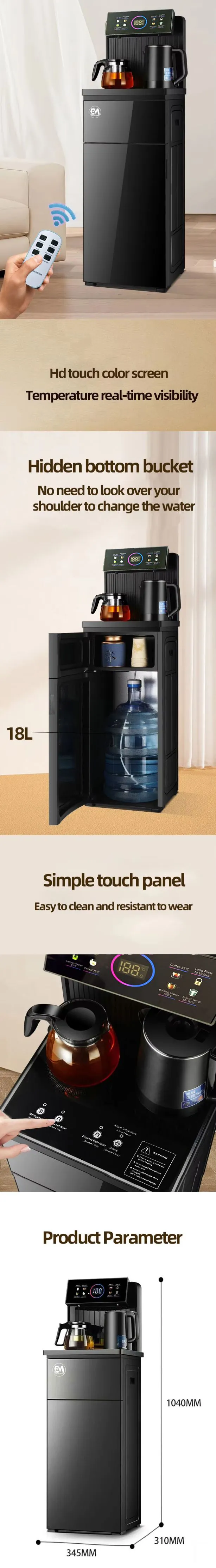 The EM ElectroMate WD08 is a black bottom-load water dispenser designed for home and office use, featuring three water temperature options: hot, cold, and  normal. Its bottom-loading design eliminates