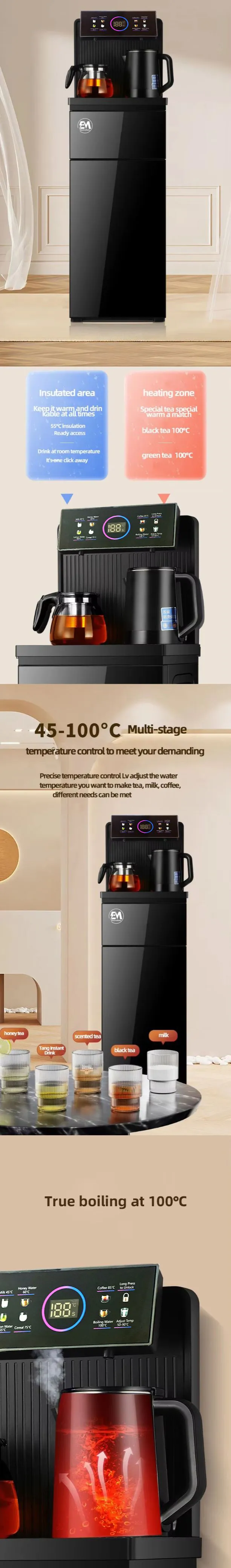 The EM ElectroMate WD08 is a black bottom-load water dispenser designed for home and office use, featuring three water temperature options: hot, cold, and  normal. Its bottom-loading design eliminates