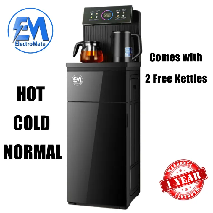 The EM ElectroMate WD08 is a black bottom-load water dispenser designed for home and office use, featuring three water temperature options: hot, cold, and  normal. Its bottom-loading design eliminates