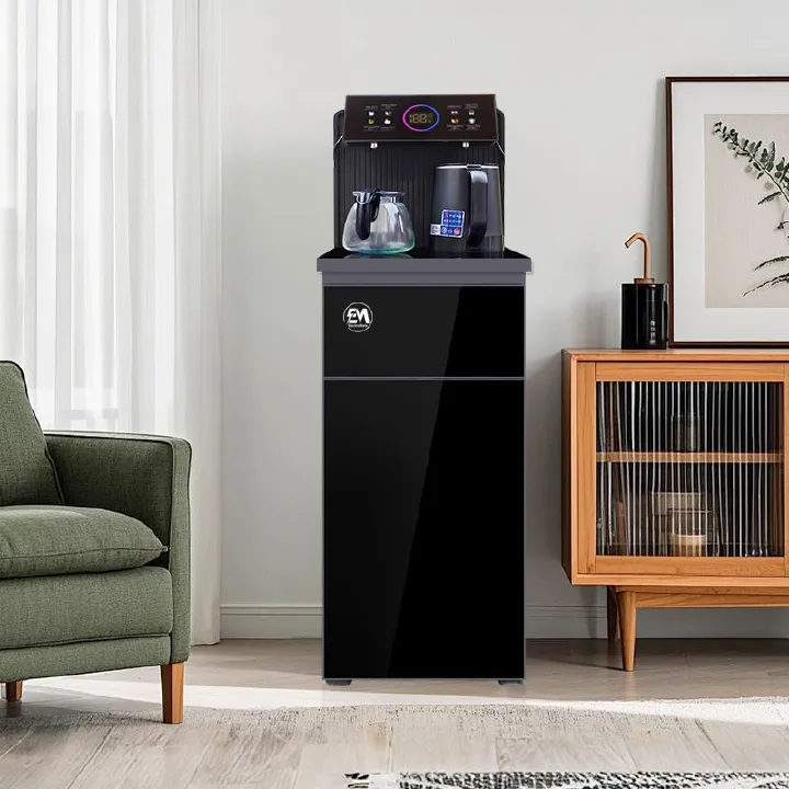 The EM ElectroMate WD08 is a black bottom-load water dispenser designed for home and office use, featuring three water temperature options: hot, cold, and  normal. Its bottom-loading design eliminates