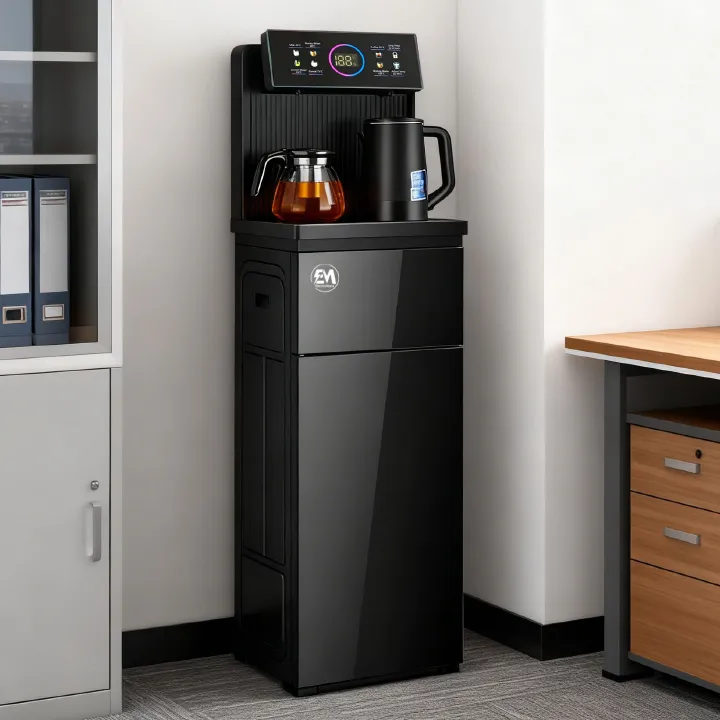 The EM ElectroMate WD08 is a black bottom-load water dispenser designed for home and office use, featuring three water temperature options: hot, cold, and  normal. Its bottom-loading design eliminates