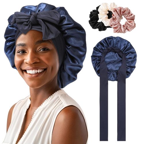 New Large Satin Bonnet Silk Night Sleeping Cap Long Satin Bonnet With Head Tie Band Bonnet Edge Wrap For Women Curly Braid Hair-Navy