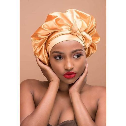 New Large Satin Bonnet Silk Night Sleeping Cap Long Satin Bonnet With Head Tie Band Bonnet Edge Wrap For Women Curly Braid Hair-Gold