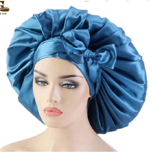 New Large Satin Bonnet Silk Night Sleeping Cap Long Satin Bonnet With Head Tie Band Bonnet Edge Wrap For Women Curly Braid Hair-Blue