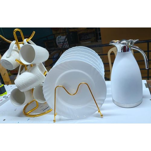DINNER SET. 13 pcs Ceramic dinner set 6 plates 6 cups, 2Liter Unbreakable Flask. Made with thick comfortable grip ergonomic handles.