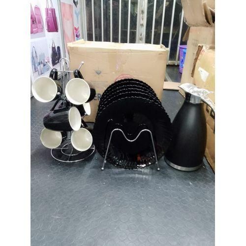 DINNER SET. 13 pcs Ceramic dinner set 6 plates 6 cups, 2Liter Unbreakable Flask. Made with thick comfortable grip ergonomic handles.