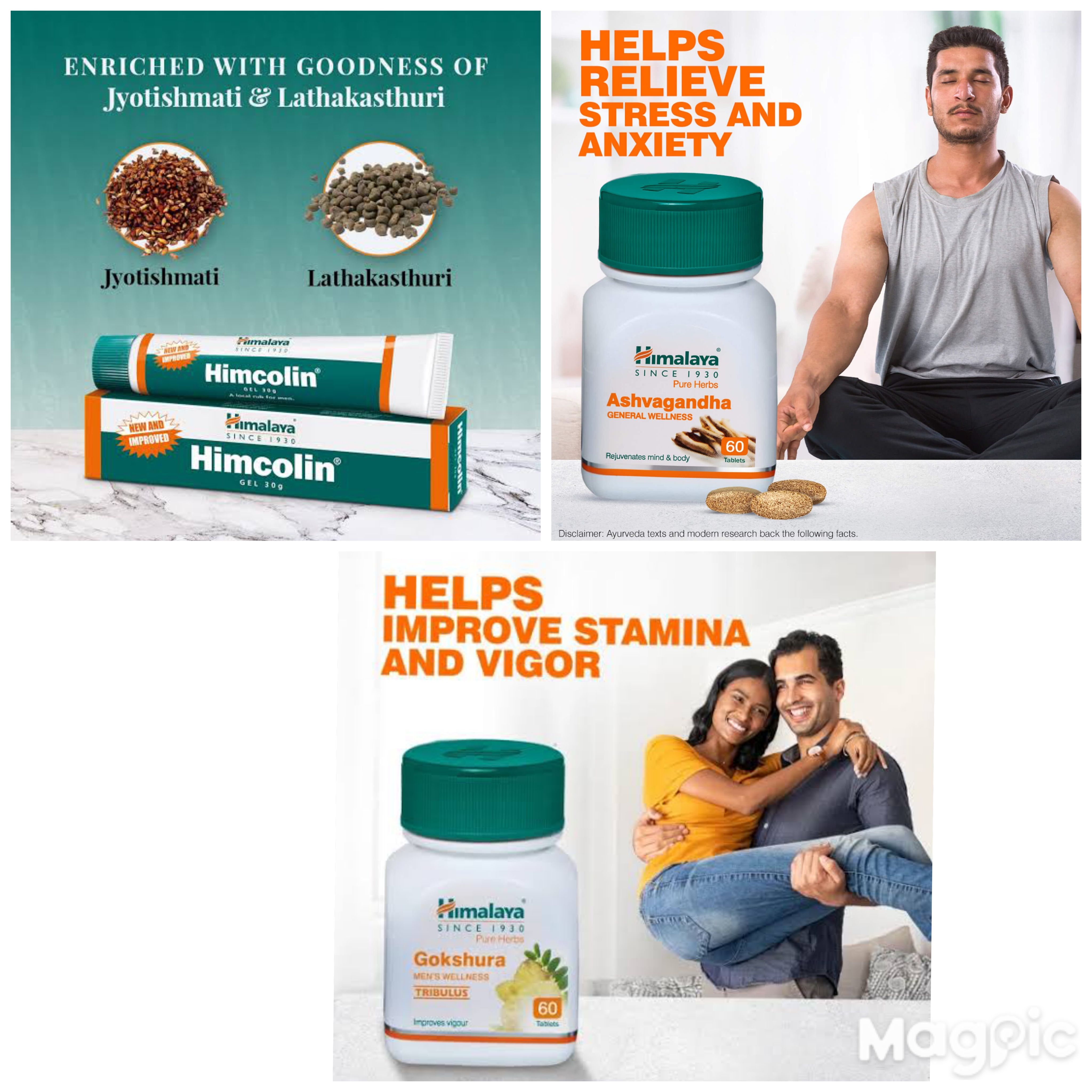 3PCS HIMALAYA HIMCOLIN GEL + GOKSHURA + ASHVAGANDHA COMBO SET 1