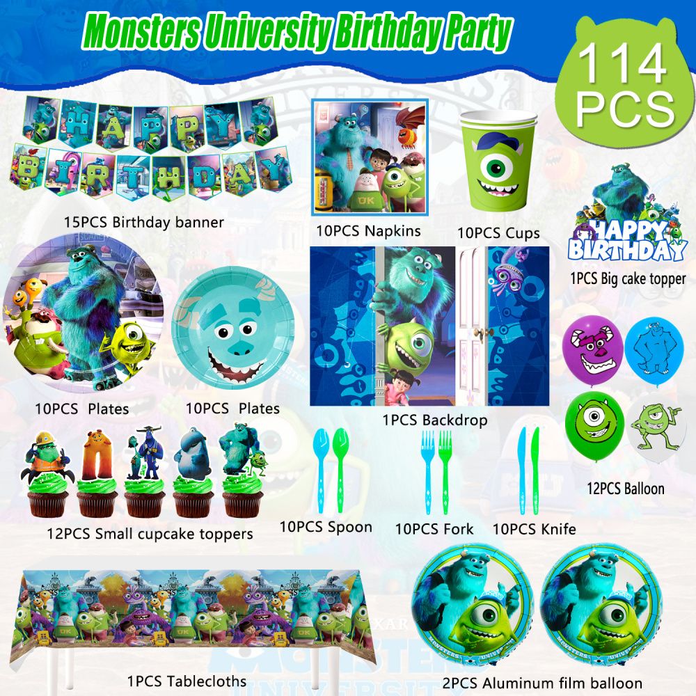 Monsters Inc Birthday Decorations,114pcs Monster Inc Party Decorations & Tableware Set- Monsters Inc Party Supplies Plates,Monster Inc Balloons Banner Backdrop etc Monster Inc Birthday Party Supplies