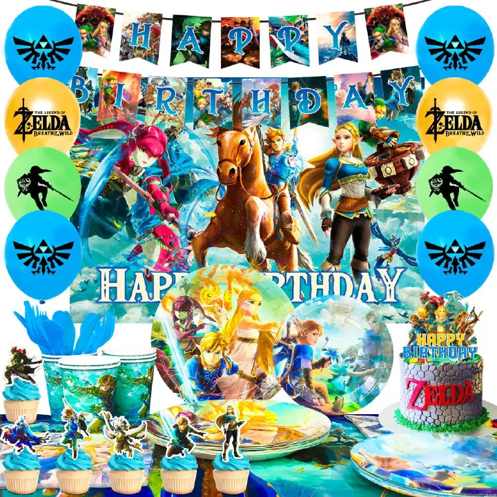 Zelda Birthday Party Supplies,112pcs Zelda Party Decorations & Tableware Set- Zelda Birthday Decorations Balloons Banner Backdrop & Zelda Plates Cups Table Cover etc  Legend Of Zelda Party Supplies