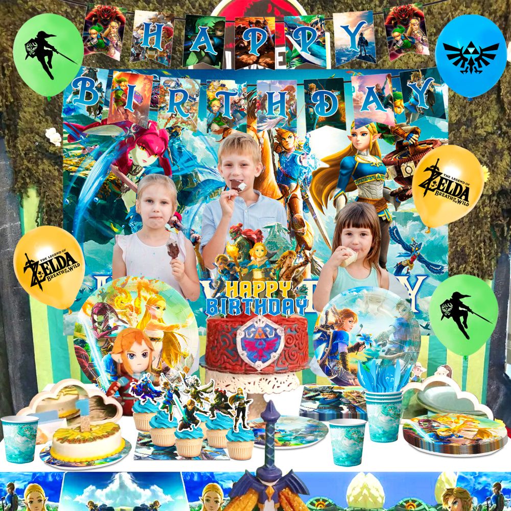 Zelda Birthday Party Supplies,112pcs Zelda Party Decorations & Tableware Set- Zelda Birthday Decorations Balloons Banner Backdrop & Zelda Plates Cups Table Cover etc  Legend Of Zelda Party Supplies