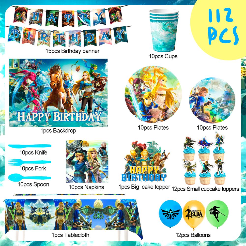 Zelda Birthday Party Supplies,112pcs Zelda Party Decorations & Tableware Set- Zelda Birthday Decorations Balloons Banner Backdrop & Zelda Plates Cups Table Cover etc  Legend Of Zelda Party Supplies