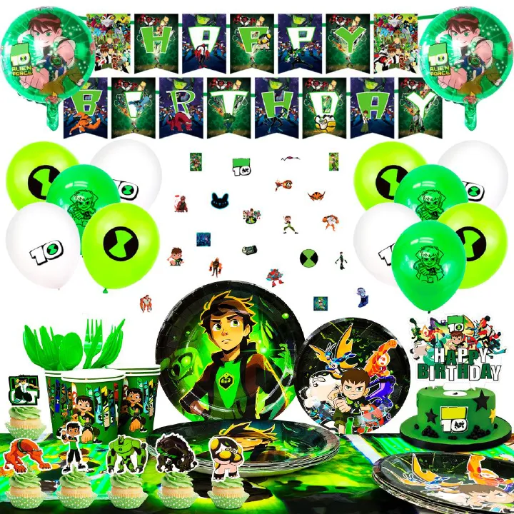 Ben-10 Themed Birthday Party Supplies,163pcs Cartoon 10 Party Decorations & Tableware Set - Cartoon Decorations Banner Balloons Plates Napkins Cups Tablecloth Cake Topper etc Cartoon Party Supplies