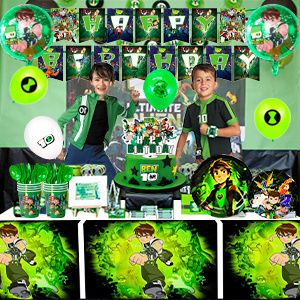Ben-10 Themed Birthday Party Supplies,163pcs Cartoon 10 Party Decorations & Tableware Set - Cartoon Decorations Banner Balloons Plates Napkins Cups Tablecloth Cake Topper etc Cartoon Party Supplies