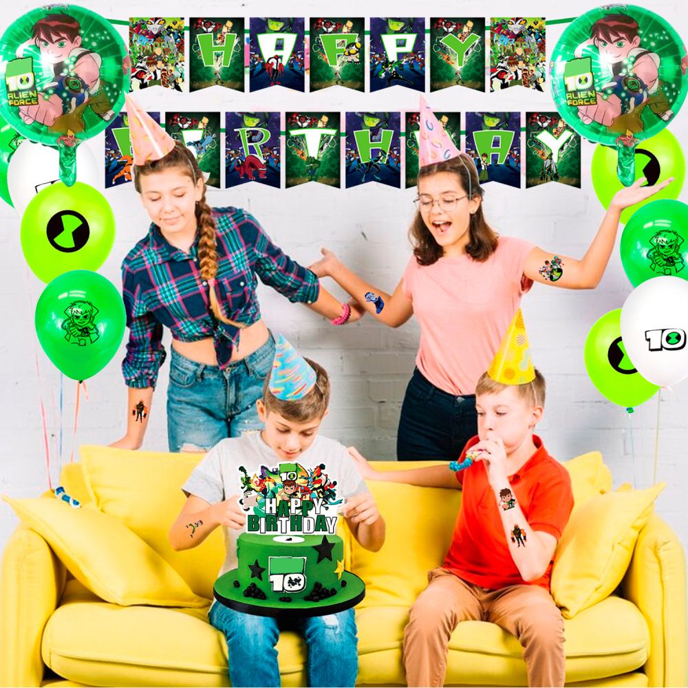 Ben-10 Themed Birthday Party Supplies,163pcs Cartoon 10 Party Decorations & Tableware Set - Cartoon Decorations Banner Balloons Plates Napkins Cups Tablecloth Cake Topper etc Cartoon Party Supplies