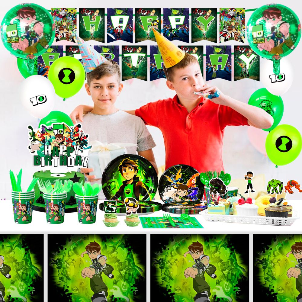Ben-10 Themed Birthday Party Supplies,163pcs Cartoon 10 Party Decorations & Tableware Set - Cartoon Decorations Banner Balloons Plates Napkins Cups Tablecloth Cake Topper etc Cartoon Party Supplies