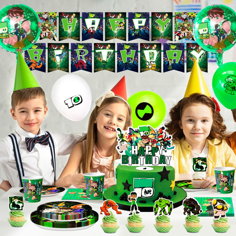 Ben-10 Themed Birthday Party Supplies,163pcs Cartoon 10 Party Decorations & Tableware Set - Cartoon Decorations Banner Balloons Plates Napkins Cups Tablecloth Cake Topper etc Cartoon Party Supplies