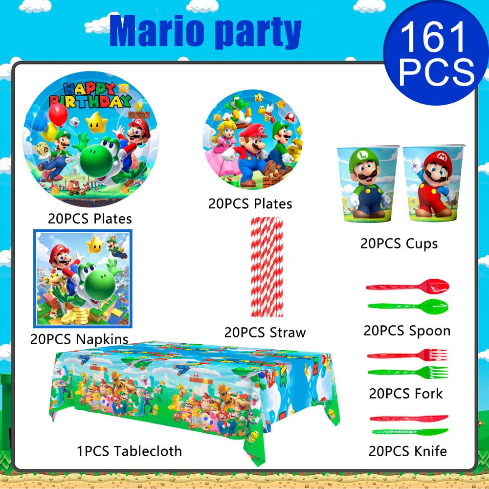 Super Mario Birthday Party Supplies, 161pcs Super Mario Party Decorations Tableware Set - Mario Plates and Napkins Cups & Super Mario Tablecloth etc Mario Bross Party Supply for Boys/Girls Kids