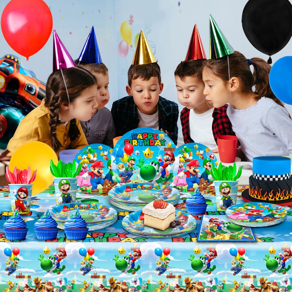 Super Mario Birthday Party Supplies, 161pcs Super Mario Party Decorations Tableware Set - Mario Plates and Napkins Cups & Super Mario Tablecloth etc Mario Bross Party Supply for Boys/Girls Kids
