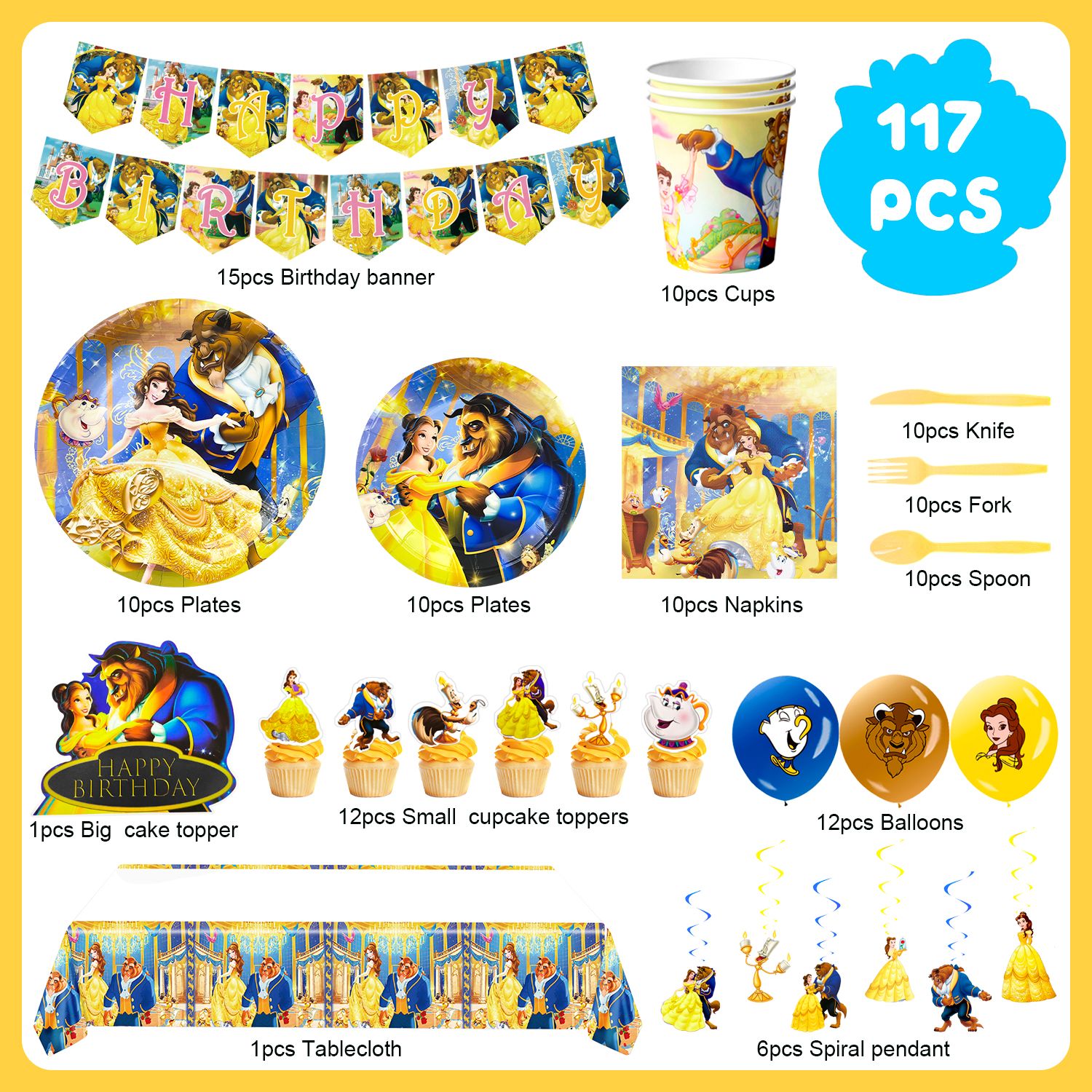 Beauty and the Beast Party Decorations,117pcs Beauty and the Beast Birthday Decorations&Party Tableware Set,Beauty and the Beast Decorations Balloons Banner, Beauty and the Beast Party Supplies etc